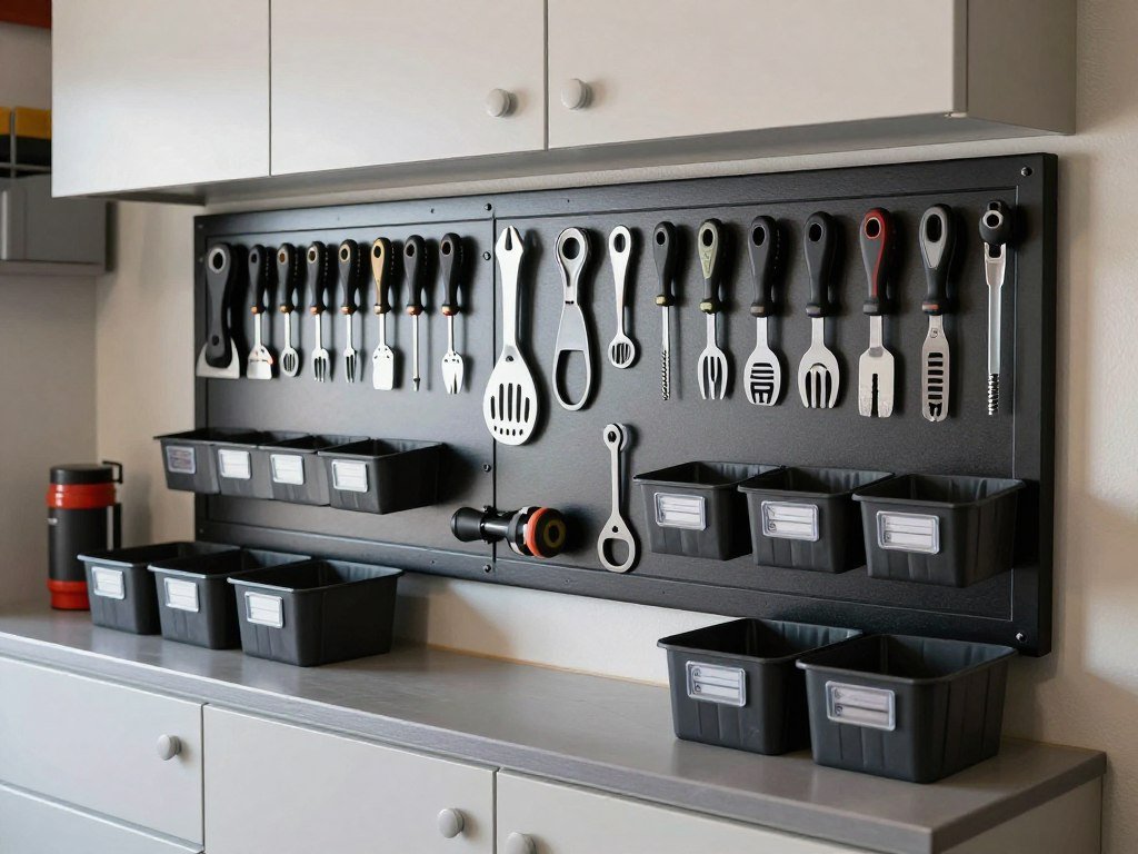 Garage interior with custom tool shadow board and labeled storage for organization