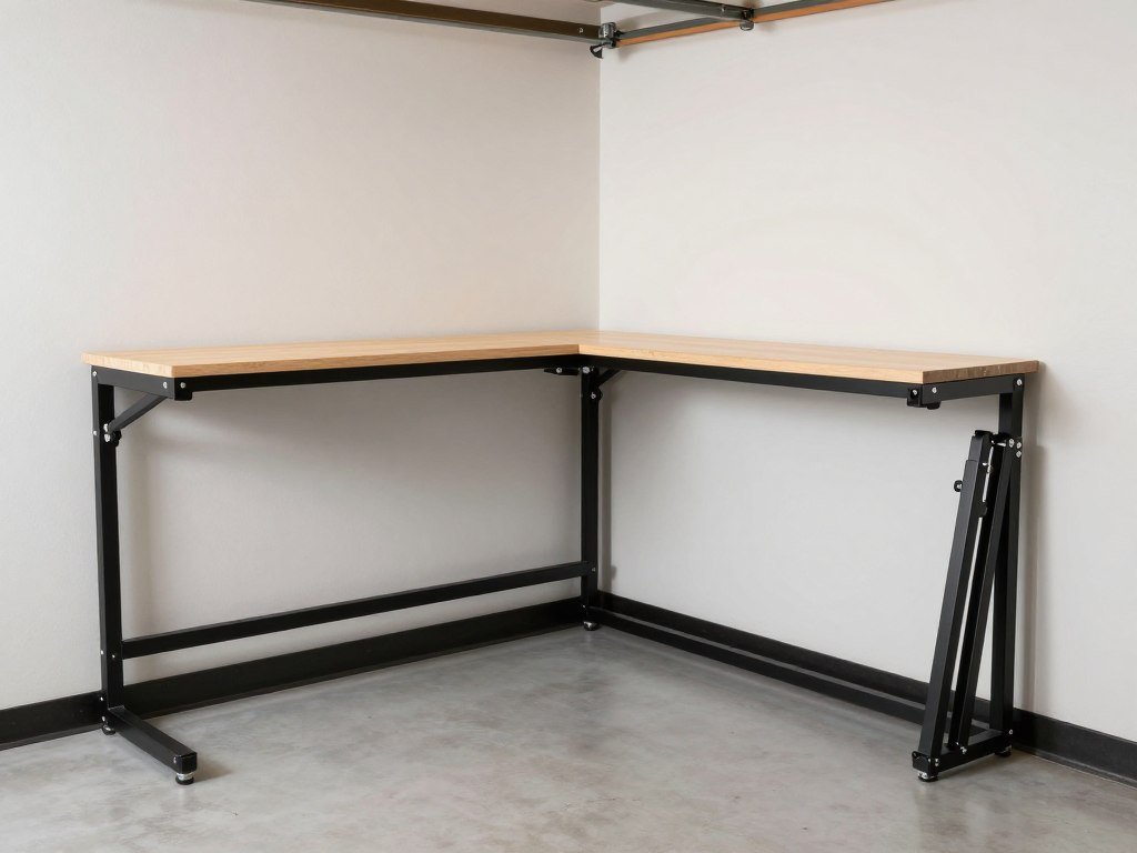 Garage interior with foldable workbench that can be stored away when not in use