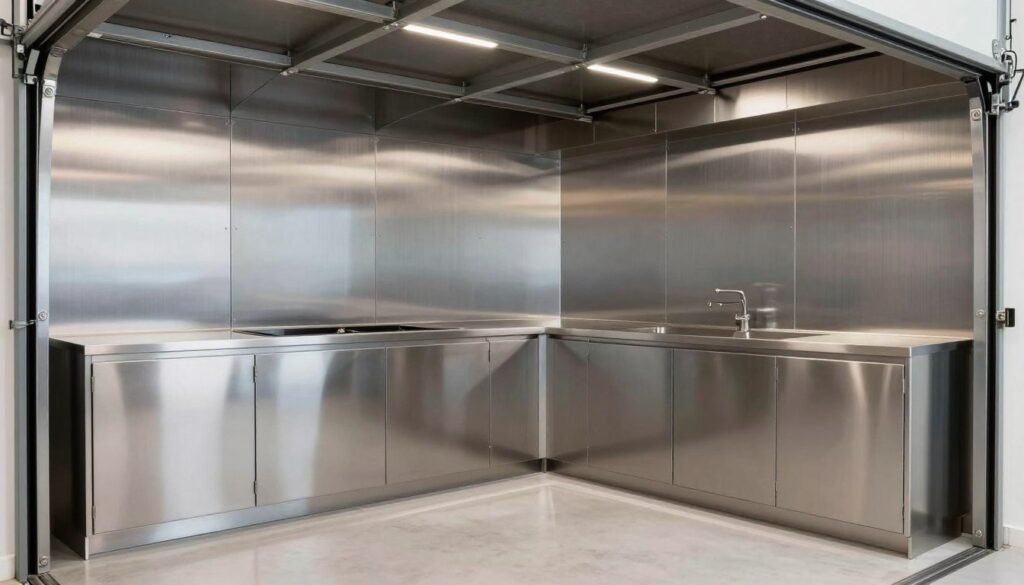Garage interior with metal wall panels and custom cabinetry