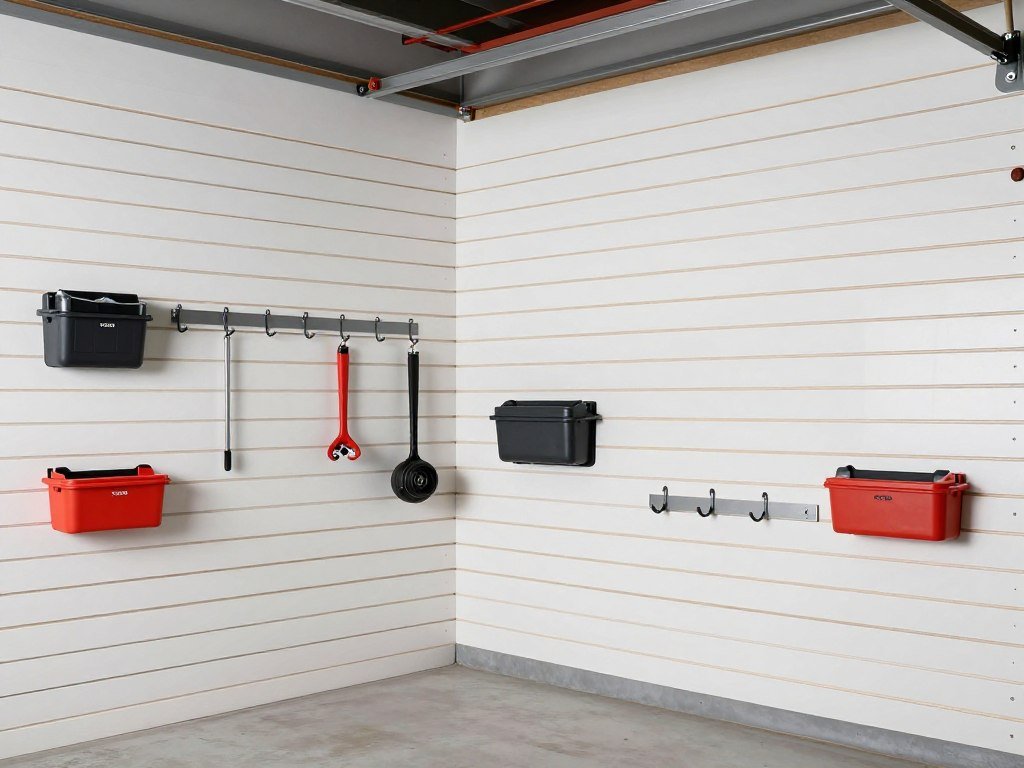Garage interior with slatwall panels and organized tool storage