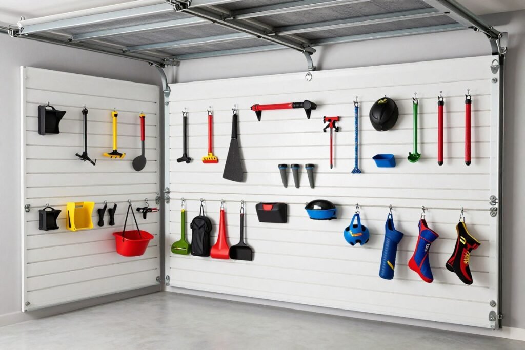 Garage interior with slatwall panels installed for tool organization and storage