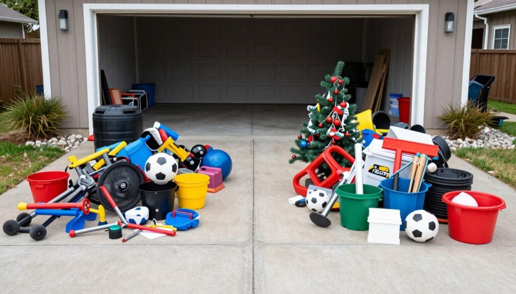 Garage items sorted into piles on driveway during decluttering process