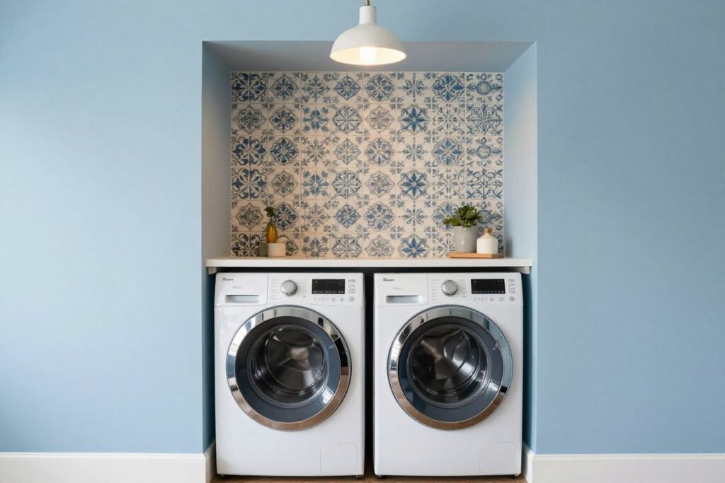 Garage laundry area with painted walls, decorative backsplash, and good lighting