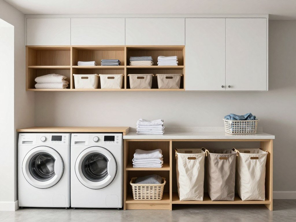 Garage laundry area with wall-mounted cabinets, open shelving, and sorting bins