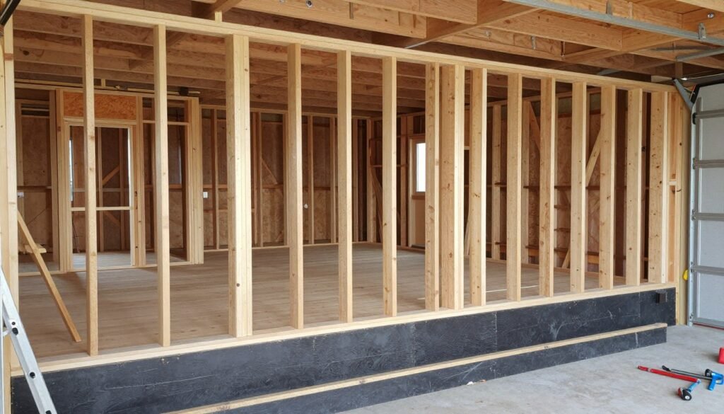Garage loft construction in progress showing framing and support beams