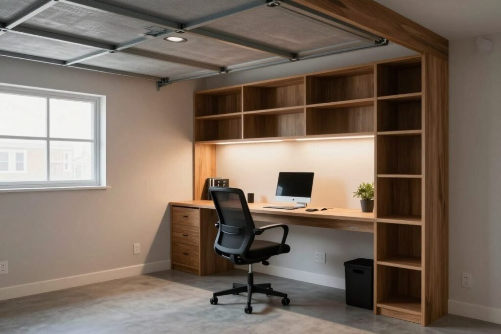 Garage loft home office with good lighting and comfortable workspace