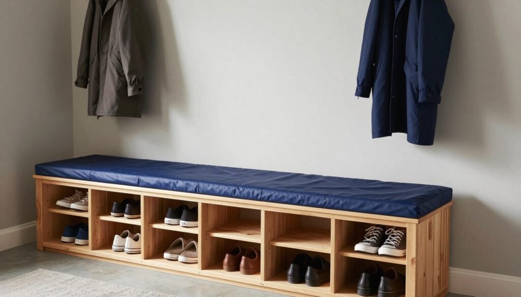 Garage mudroom bench with storage underneath and hooks above