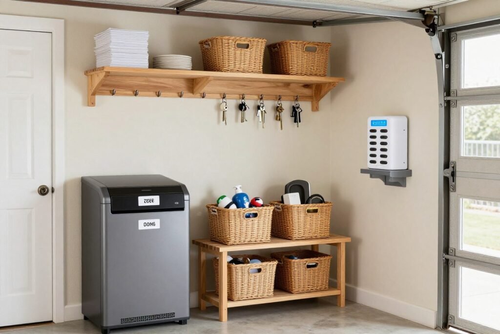 Garage mudroom drop zone with mail sorter, key hooks, and charging station