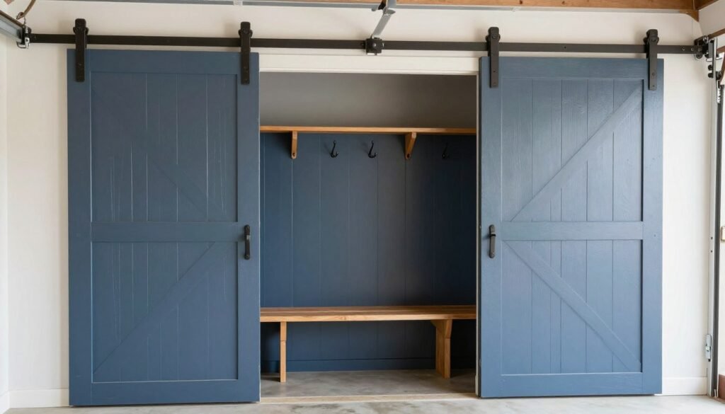 Garage mudroom hidden behind sliding barn doors