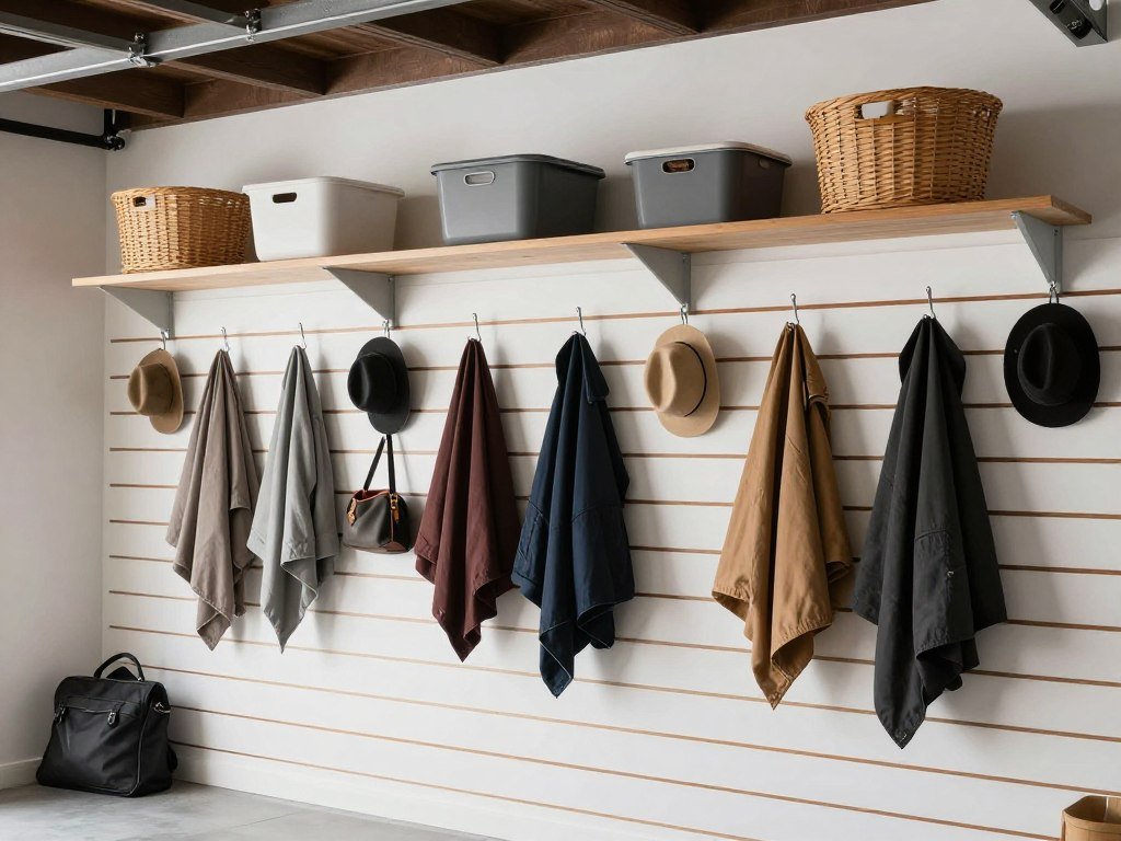 Garage mudroom wall with slatwall panels, hooks, and shelving for organized storage