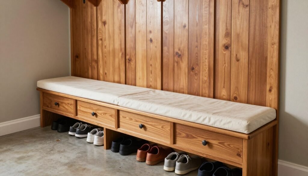 Garage mudroom with built-in bench seating featuring storage drawers underneath