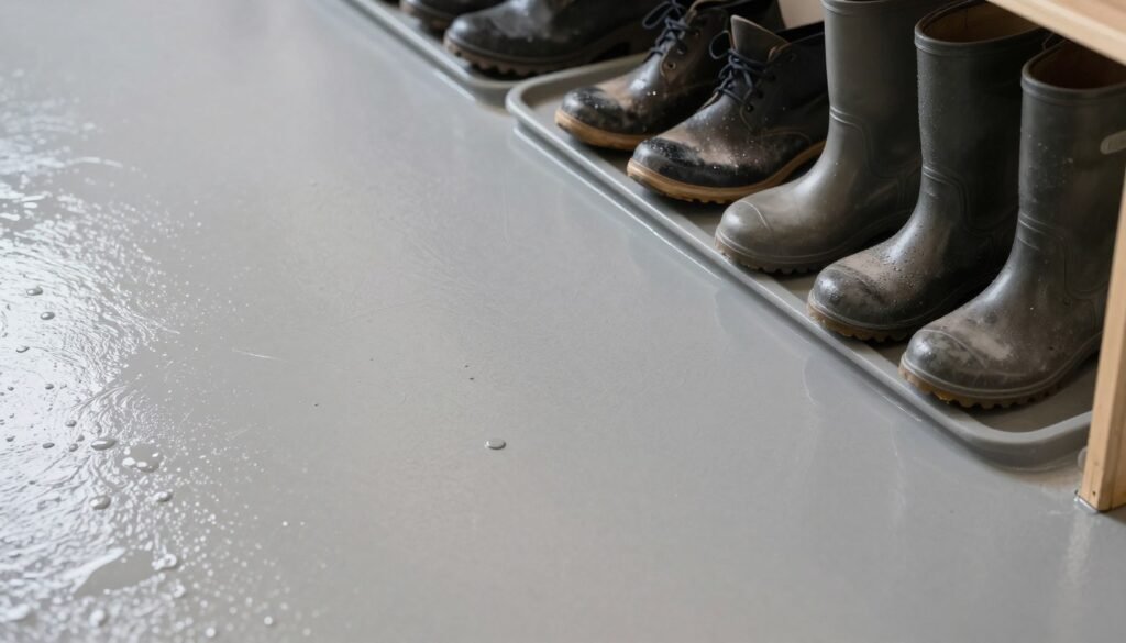 Garage mudroom with durable polyaspartic floor coating and boot tray for wet shoes