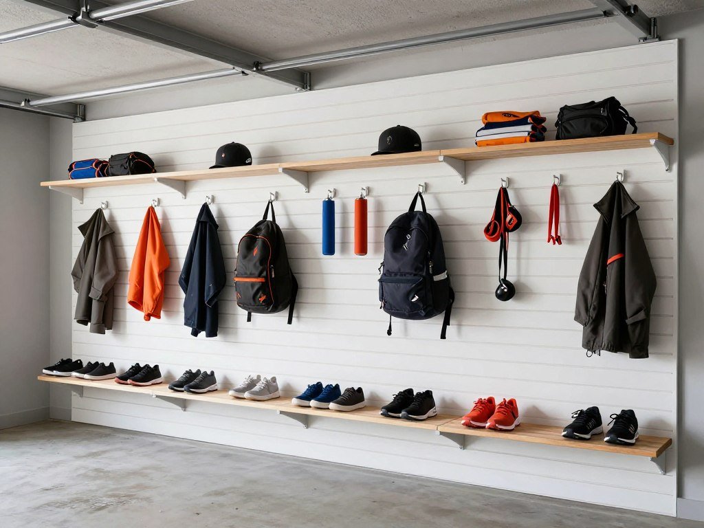Garage mudroom with full-wall slatwall panel system and various hooks and accessories