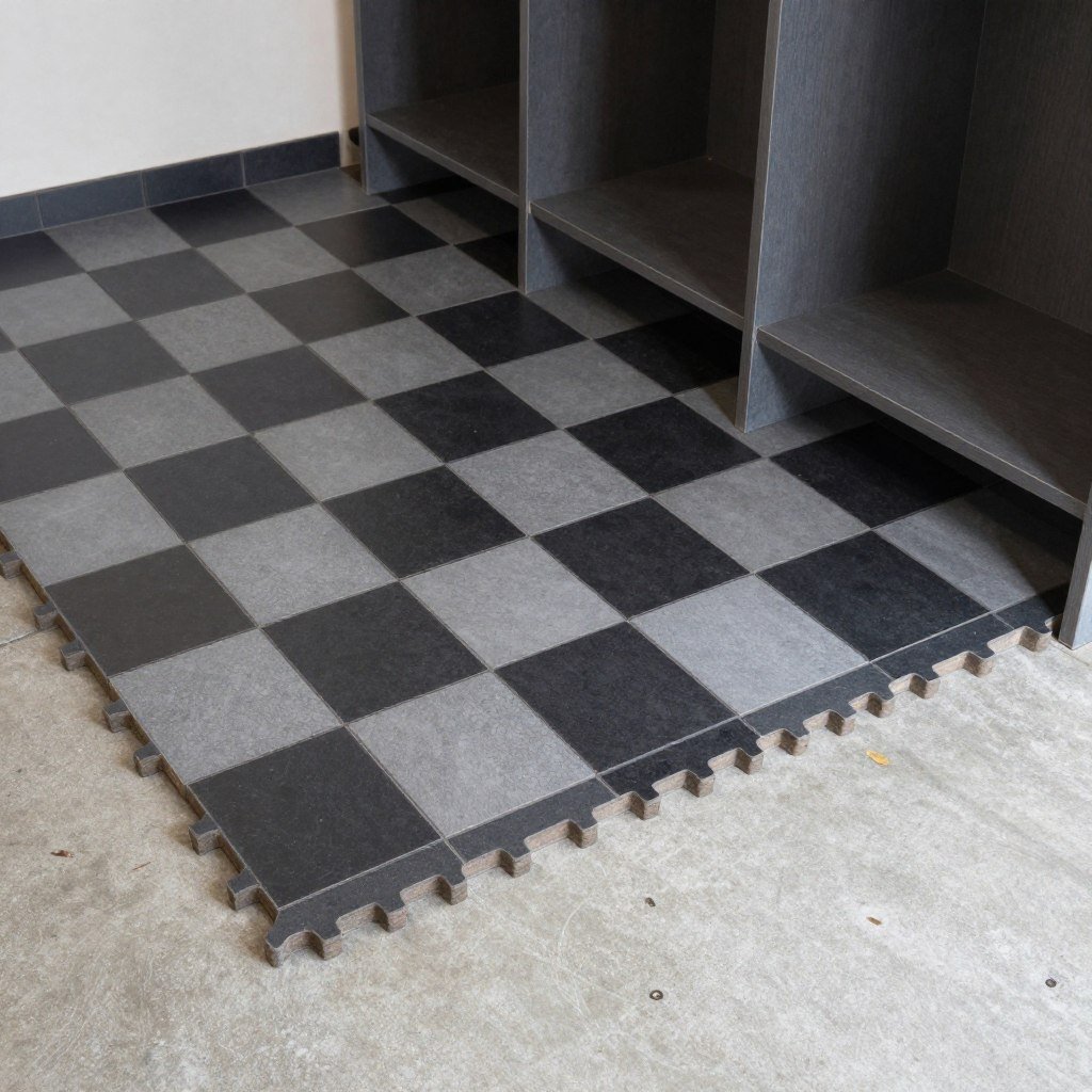 Garage mudroom with interlocking PVC floor tiles in a checkered pattern