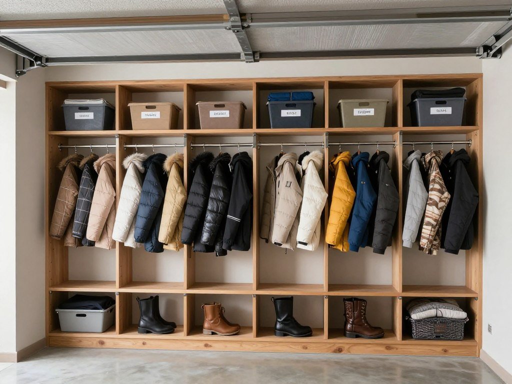 Garage mudroom with seasonal storage rotation system showing winter gear organization