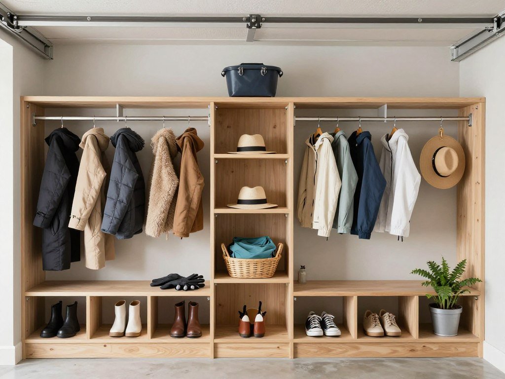Garage mudroom with seasonal storage solutions for different weather conditions