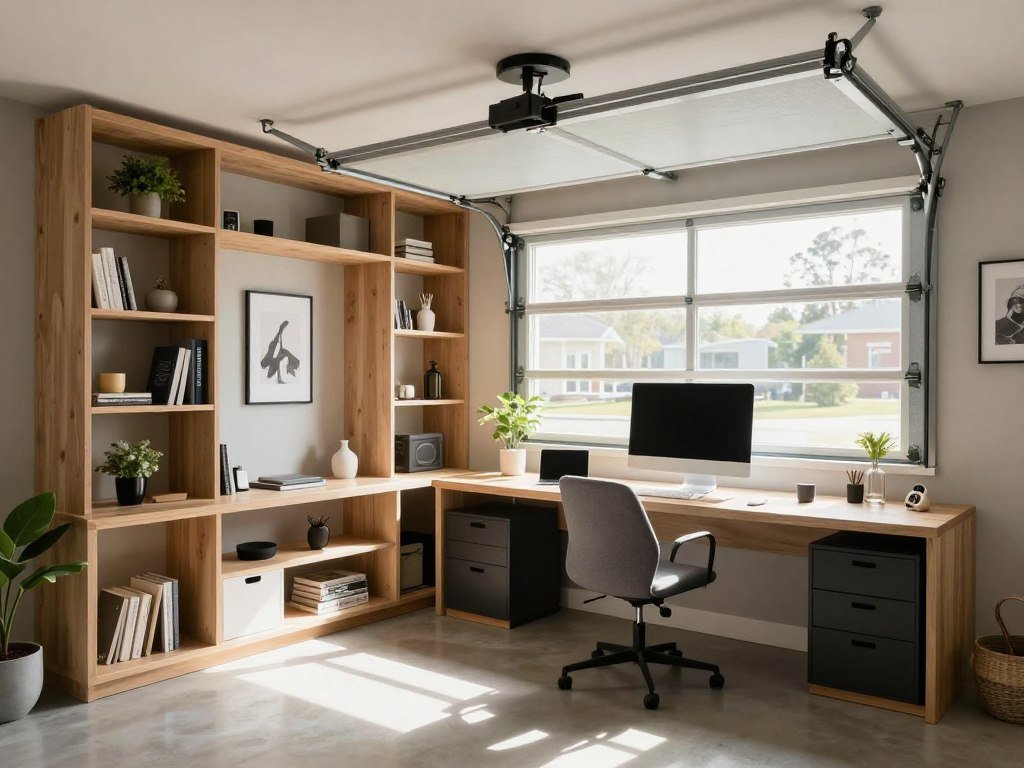 Garage office conversion with built-in storage solutions and natural light Garage office conversion with built-in storage solutions and natural light
