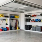 Garage organized into distinct zones with labeled areas for tools, sports equipment, and seasonal items