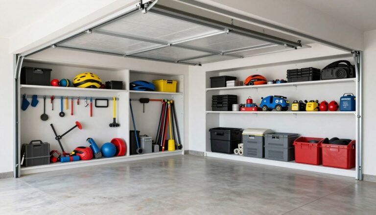 Garage organized into distinct zones with labeled areas for tools, sports equipment, and seasonal items