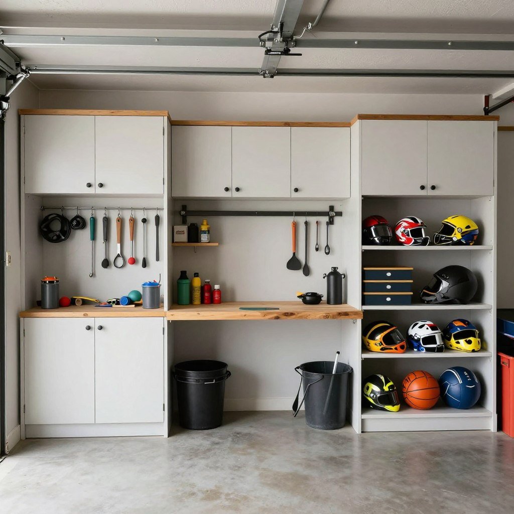 Garage organized into functional zones with cabinet system