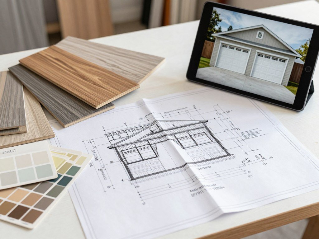 Garage renovation planning with blueprints, material samples, and design inspiration photos