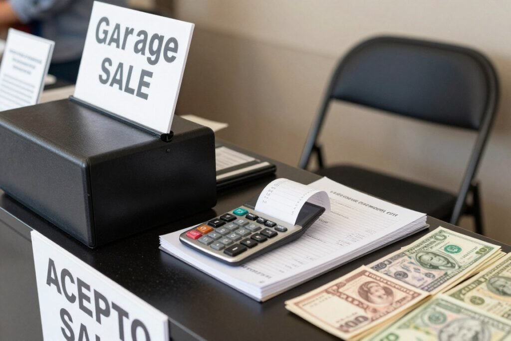 Garage sale checkout area with cash box, calculator, and payment signs