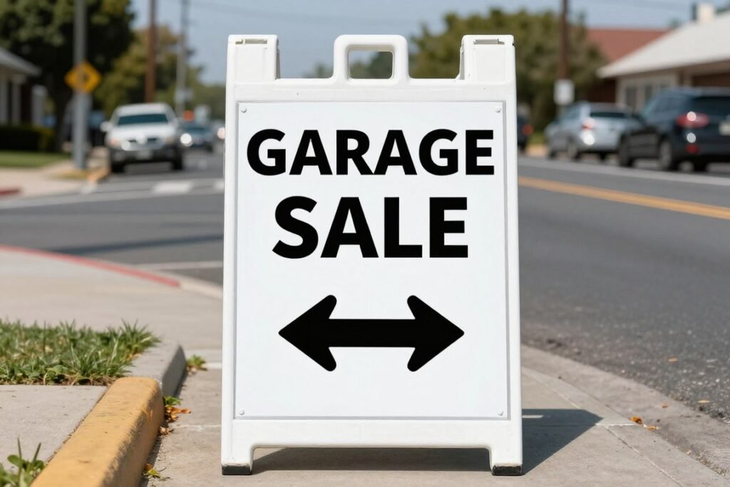 Garage sale sign placed at neighborhood entrance with clear directional arrow
