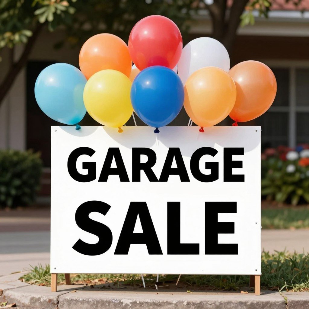 Garage sale sign with balloons attached for extra visibility