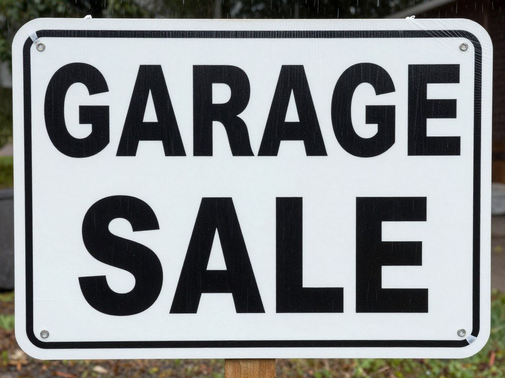 Garage sale sign with weather protection features