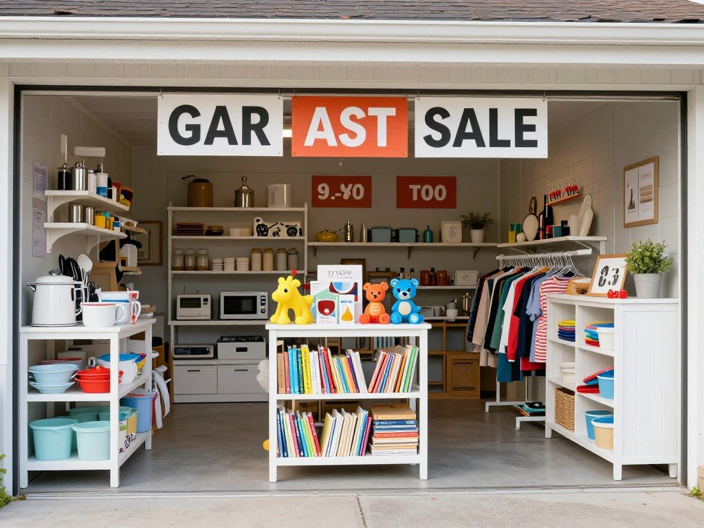 Garage sale with items clearly organized by category with signage