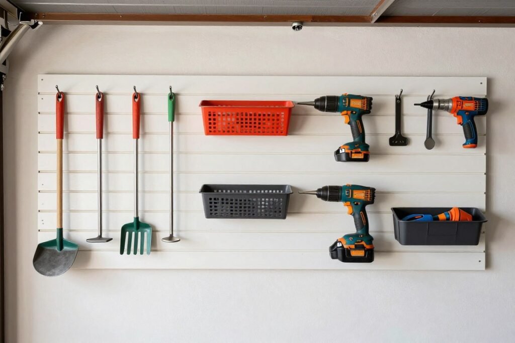 Garage slatwall system with various tools and equipment organized