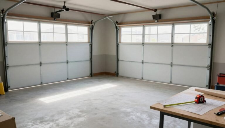 Garage space before transformation with measurement tape and planning materials on a workbench