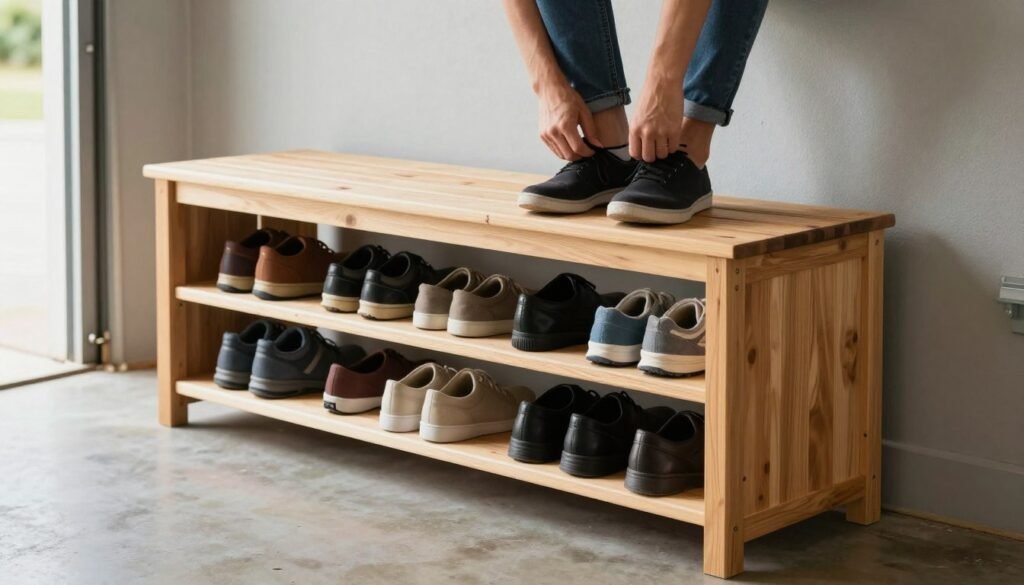 Garage storage bench with shoe storage underneath and person sitting to change shoes