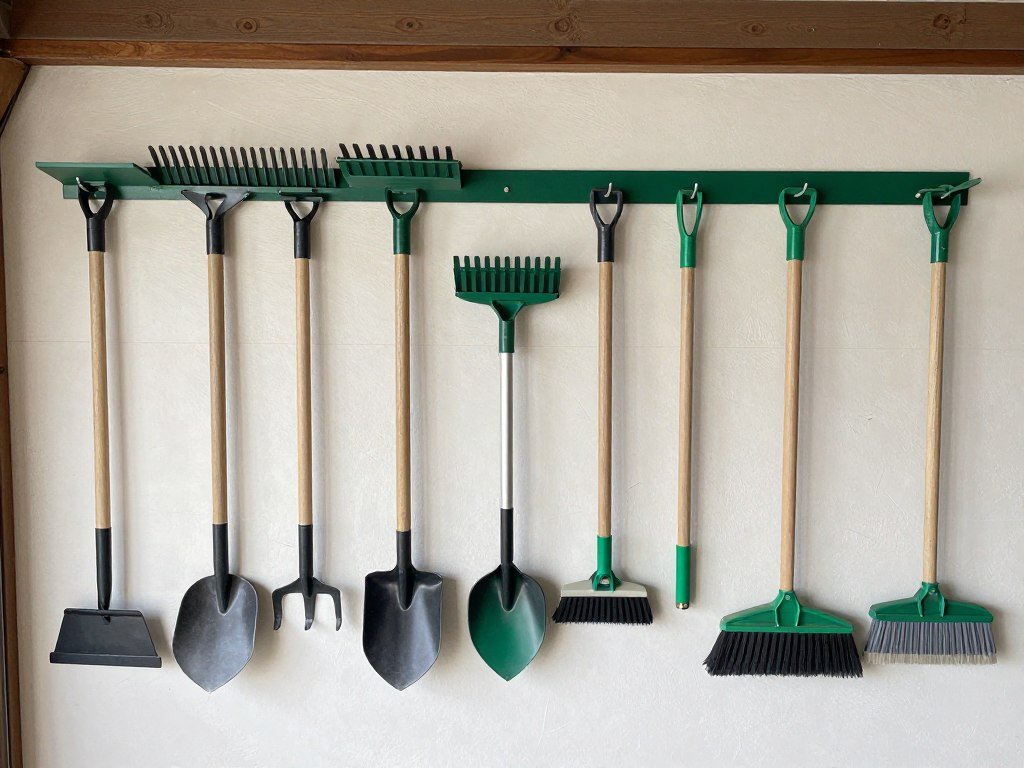 Garage tool wall with organized yard and garden equipment Garage tool wall with organized yard and garden equipment