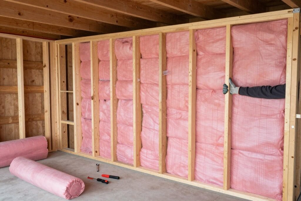 Garage wall being insulated with fiberglass batts between exposed studs