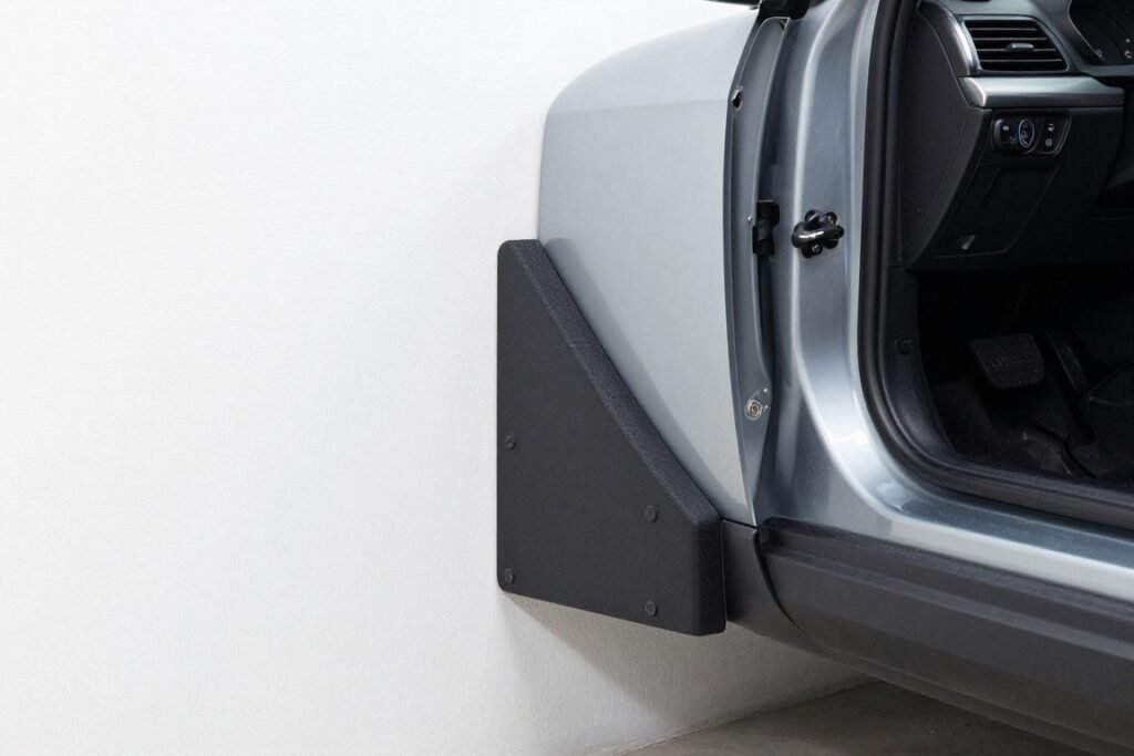 Garage wall bumpers protecting car door from hitting wall