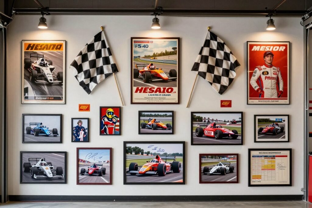 Garage wall decorated with racing memorabilia including signed photos and race flags Garage wall decorated with racing memorabilia including signed photos and race flags