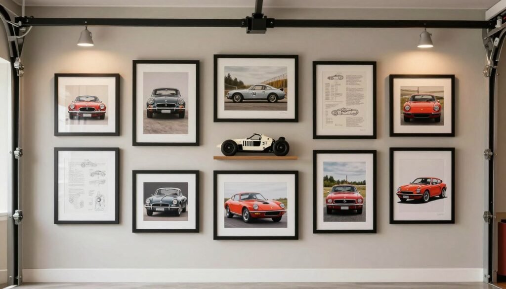 Garage wall featuring a collection of framed vintage car prints and automotive memorabilia Garage wall featuring a collection of framed vintage car prints and automotive memorabilia