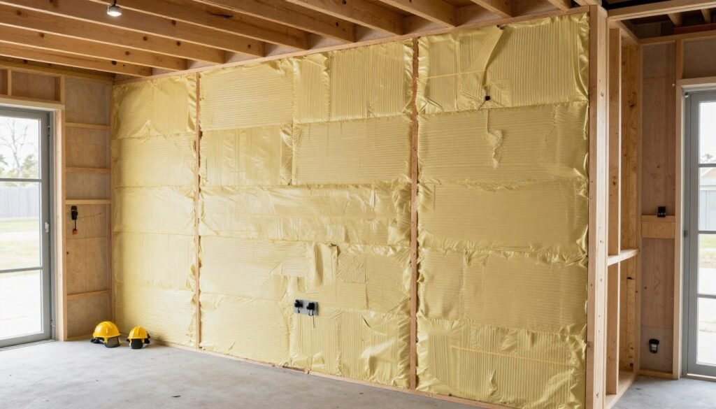 Garage wall preparation showing insulation installation between studs Garage wall preparation showing insulation installation between studs