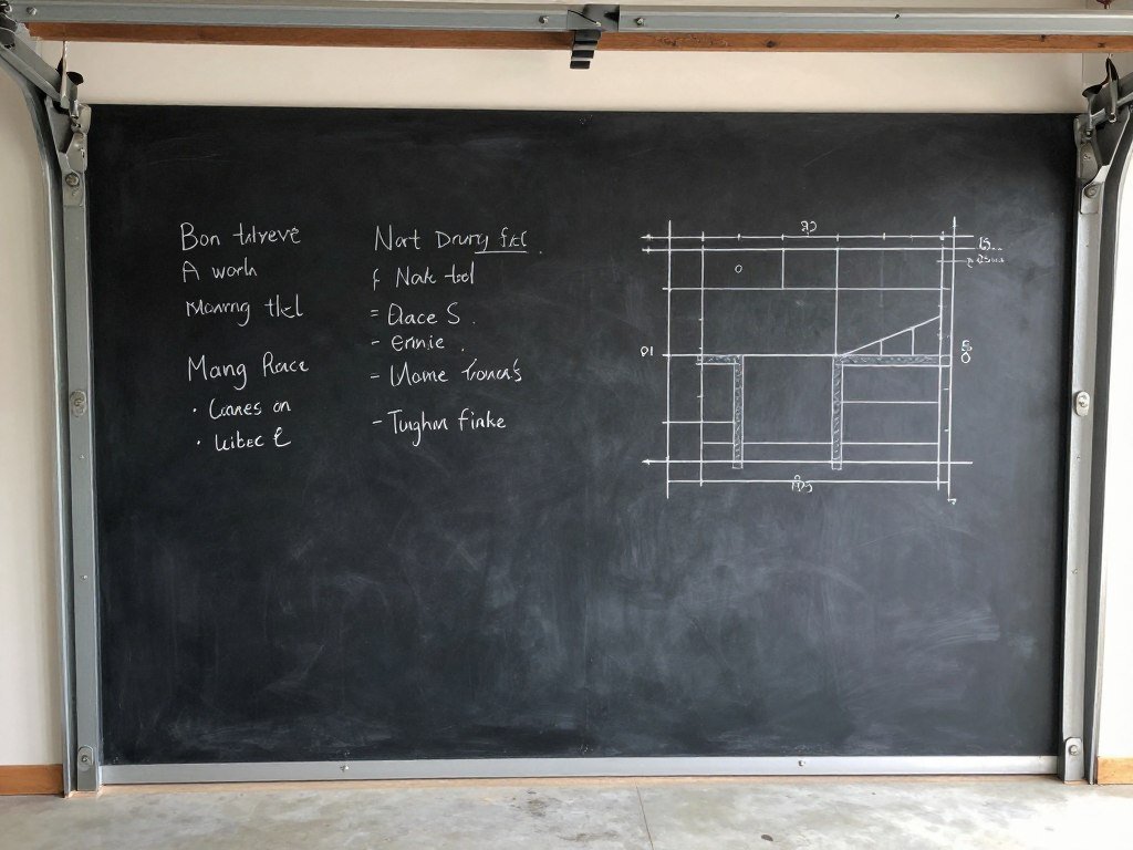 Garage wall section with chalkboard paint being used for project planning