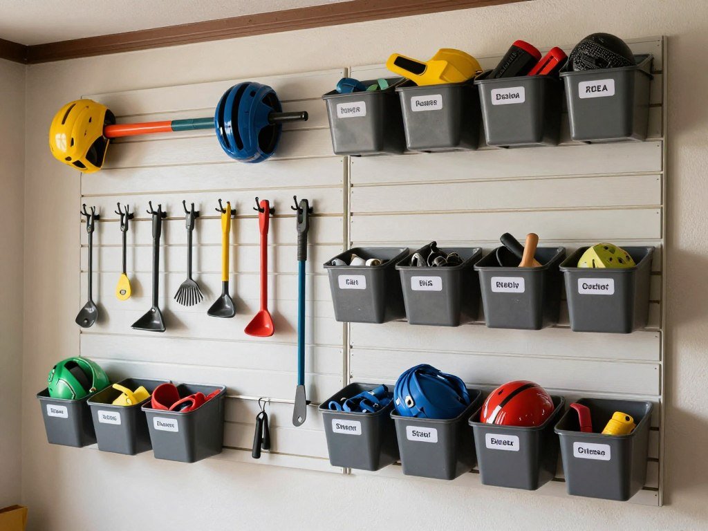 Garage wall storage system with tools and equipment organized
