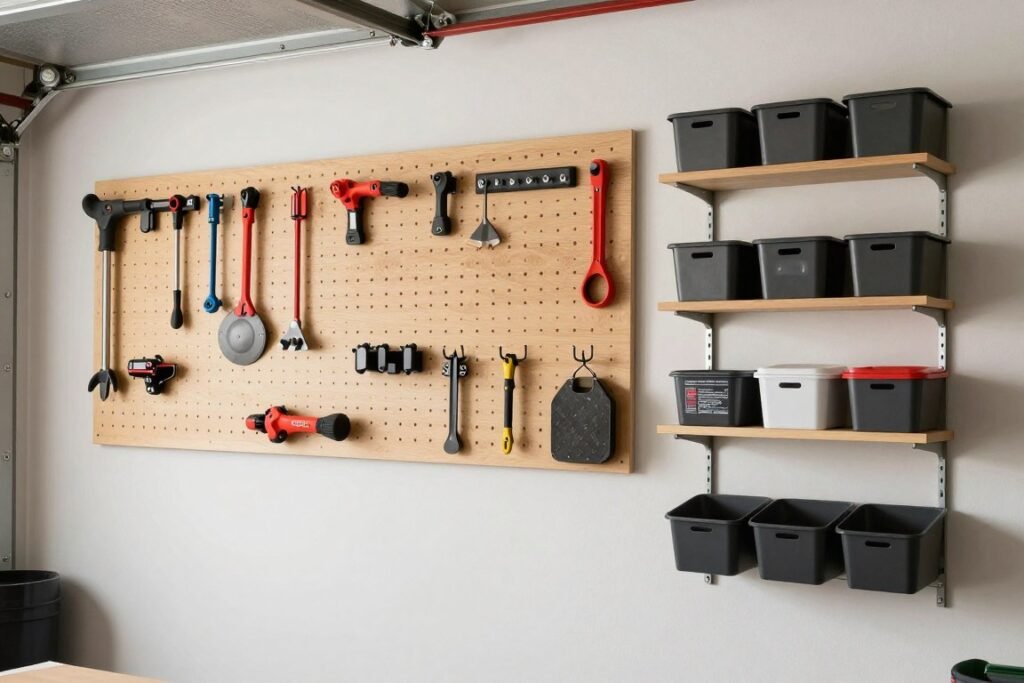 Garage wall with pegboard, slatwall, and mounted tool organizers