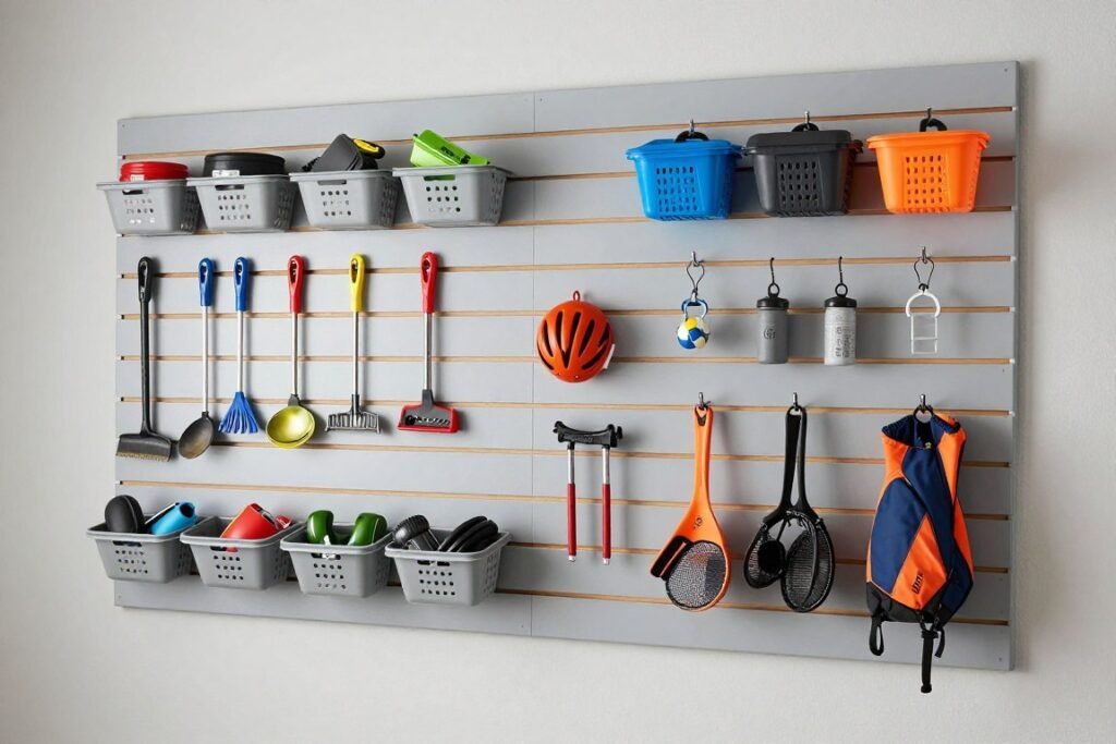 Garage wall with slatwall storage system holding various tools and equipment