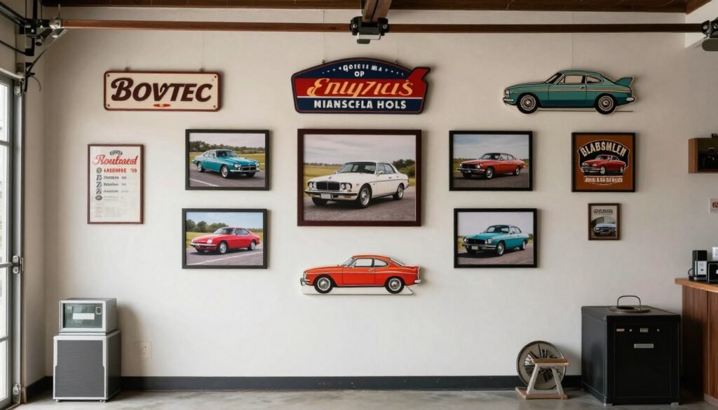 Garage wall with vintage automotive signs and memorabilia