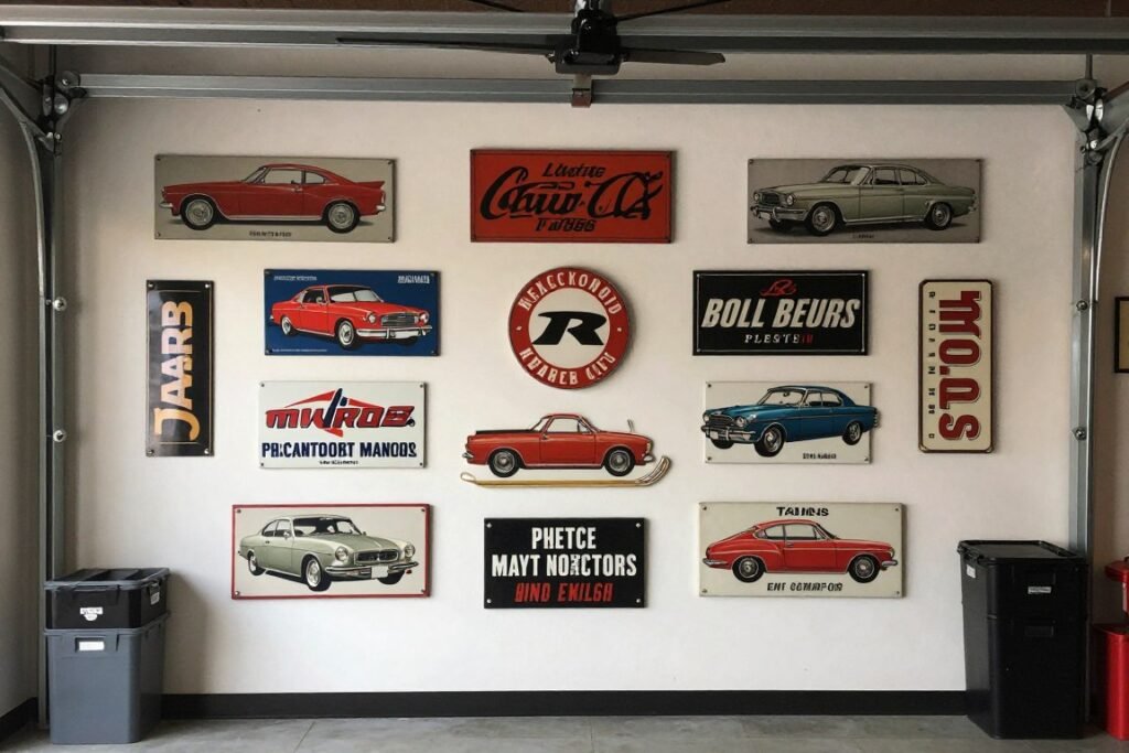 Garage wall with vintage automotive signs and memorabilia