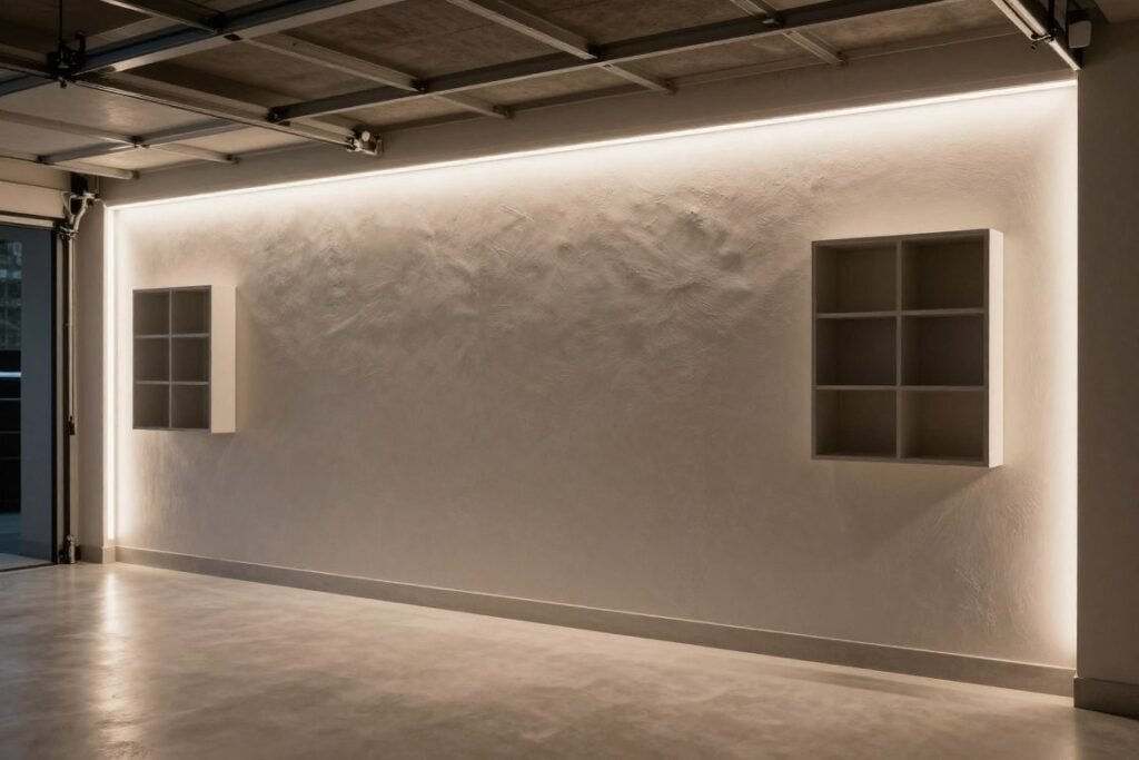 Garage with LED strip lighting along wall perimeter creating ambient light