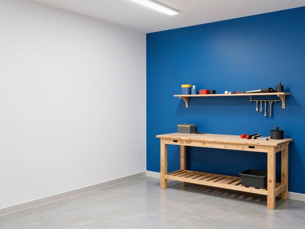 Garage with a bold blue accent wall behind a workbench with organized tools