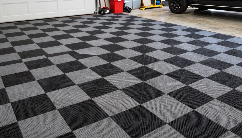 Garage with black and gray interlocking floor tiles in checkerboard pattern