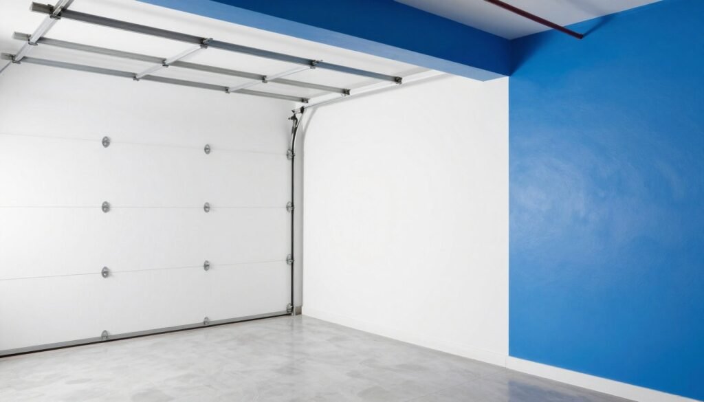 Garage with bright white painted walls and colorful accent wall