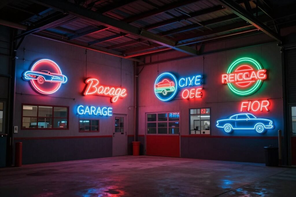 Garage with custom neon signs and illuminated vintage-style automotive artwork Garage with custom neon signs and illuminated vintage-style automotive artwork
